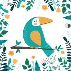 Tropical vector illustration with toucan, flowers and palm leaves. Hand drawn vector illustration. Design for  cards, posters, cards, t-shirts, book, textile.