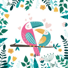 Obraz premium Tropical vector illustration with Toucans in love, flowers and palm leaves.Hand drawn vector illustration. Design for cards, posters, cards, t-shirts, book, textile.