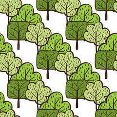 Vector ecological pattern with hand drawn trees. Green nature background. Doodle cartoon spring and summer seamless pattern.