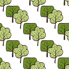 Vector ecological pattern with hand drawn trees. Green nature background. Doodle cartoon spring and summer seamless pattern.