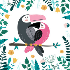Tropical vector illustration with Toucans in love, flowers and palm leaves.Hand drawn vector illustration. Design for  cards, posters, cards, t-shirts, book, textile.