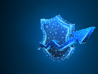 Obraz premium Security growth arrow on shield abstract neon 3d illustration. Polygonal Raster business concept of data, success protection . Low poly wireframe, triangle, lines, dots, polygons on blue background