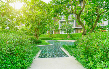 Walkway for swimming in the garden, Walking down the aisle for a pool in the garden.