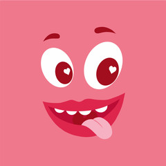 Cute pink monster character in love. Face with tongue sticking out and hearts in eyes. Flat cartoon vector illustration