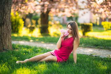 Young girl sitting on the grass and hold a sakura flowers in her hands. Background of pink bokeh of sakura trees