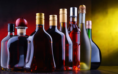 Bottles of assorted alcoholic beverages.