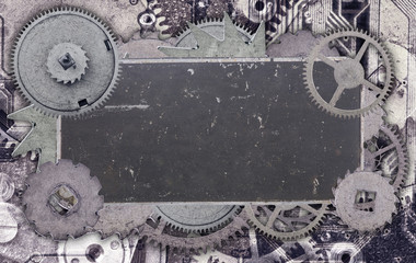 blank metal old label in gears on industrial background