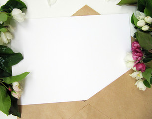 Top view background with flowers. Flowers composition.  Mockup card with plants. Mockup with postcard and flowers on white background.    