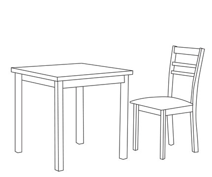 vector, isolated, contour, sketch, table and chair