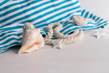 Blue beach bag with ocean seashell on white wooden background  with copy space. Concept for summer times and vacation at sea.