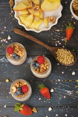 Series about granola, berry and greek yogurt suitable for a healthy breakfast, snack or dessert.