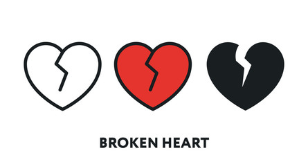 Broken Heart Break Up Divorce Flat Line Vector Icon Set