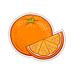 Illustration of Juicy Stylized Whole and Slice Orange Sticker. Icon for Food Apps and Stickers Isolated on a White Background