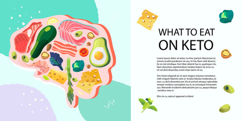 Vector illustration of a brain which is filled with ketogenic poducts. Keto diet banner, landing page, flyer or blog post.