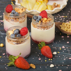 Series about granola, berry and greek yogurt suitable for a healthy breakfast, snack or dessert.