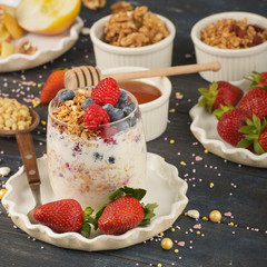 Series about granola, berry and greek yogurt suitable for a healthy breakfast, snack or dessert.