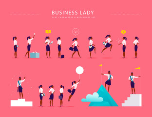 Flat illustration with business lady office characters & metaphors isolated on pink background. Concepts portraits for different business situations - leadership, idea, achievement, aspirations