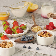 Series about granola, berry and greek yogurt suitable for a healthy breakfast, snack or dessert.