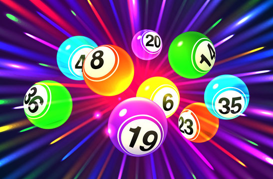 Vector colorful bingo balls on an exploding dark purple background