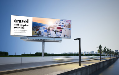 travel advertising billboard mockup on highway - obrazy, fototapety, plakaty