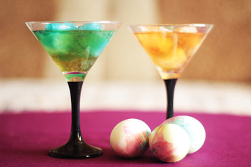 colored ice cocktails and easter eggs