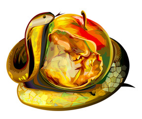 Apple of sin snake Adam and Eve vector illustration religion