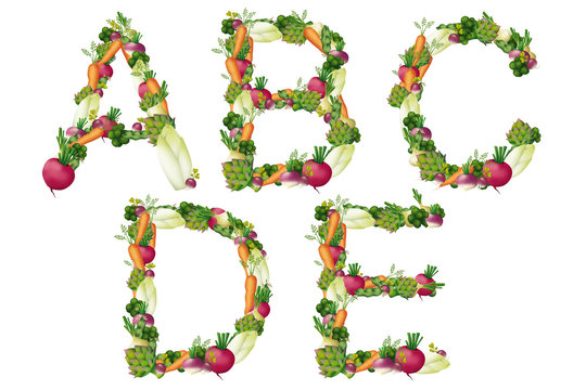 Vegan, vegetarian healthy RAW latin alphabet. Bright vegetable isolated font on white background. Part 1