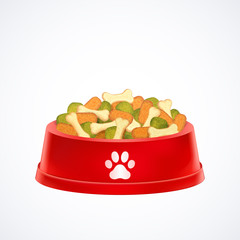 red pet dog bowl  dish with dog dry food isolated on white background, vector illustration graphic