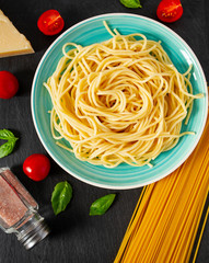 spaghetti bolognese on wooden surface