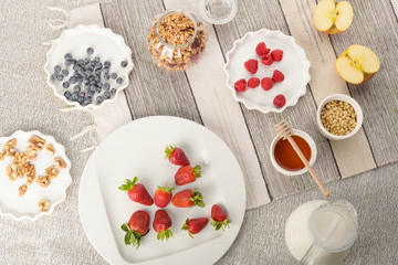 Fototapeta na wymiar Series about granola, berry and greek yogurt suitable for a healthy breakfast, snack or dessert.