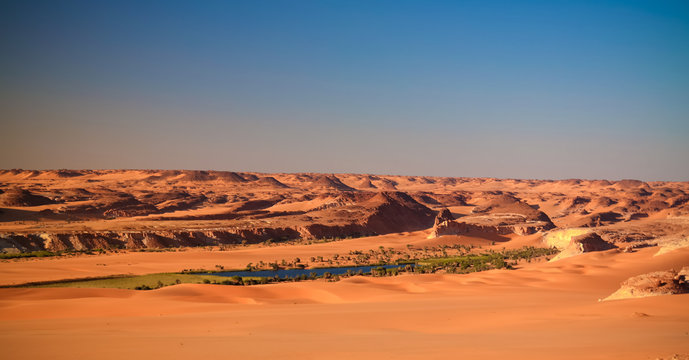 Panoramic Aerial view to Djiara, Ahoita, Daleyala and Boukkou lakes group of Ounianga Serir lakes at the Ennedi, Chad