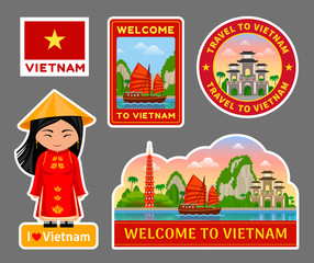 Fototapeta premium Set of vietnamese travel stickers. Attractions, places, monuments and symbols. Vector flat illustration