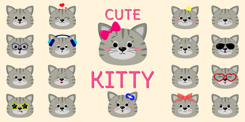 Cute gray striped cat, mega set of different emotions. Cartoon style, flat design, vector illustration