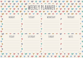 Weekly planner with colorful hand drawn hearts. Vector