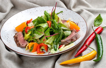 Salad with veal and baked pepper on textile background