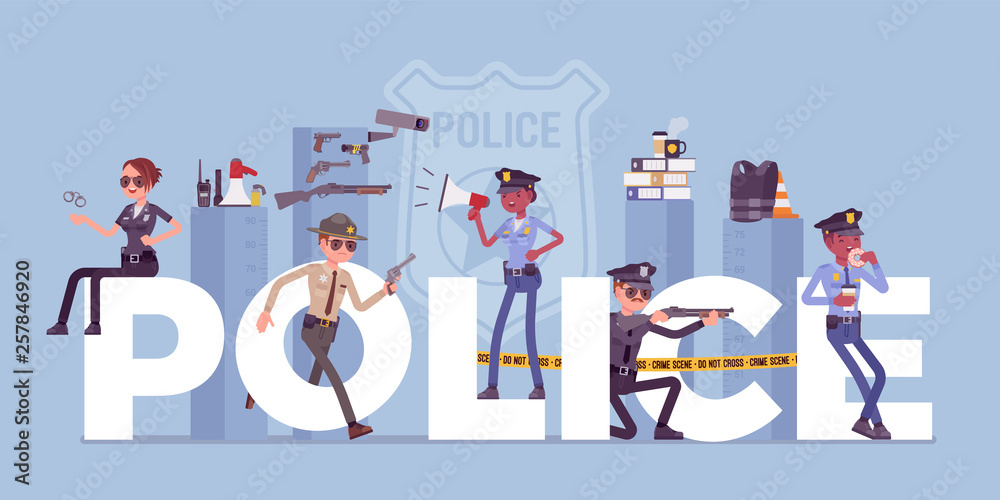 Wall mural police giant letters with male and female officers. policemen in uniform, working for prevention and