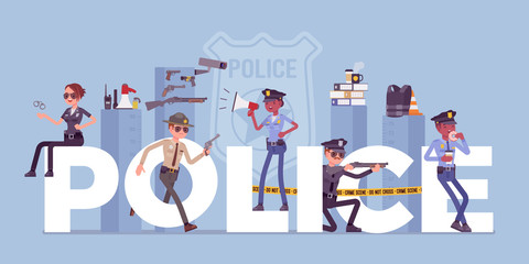 Police giant letters with male and female officers. Policemen in uniform, working for prevention and detection of crime, carry professional duty of maintaining law, public order. Vector illustration