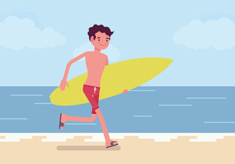 Surfer boy on a beach. Young sporty man on a sea shore with a surfboard running to ride on a wave, happy active guy enjoys extreme sport on holiday, recreational summer activity. Vector illustration