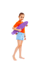 Girl with skateboard isolated on white background