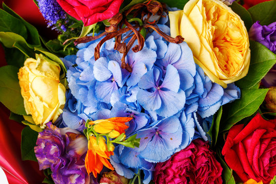 Close-up photo ofp bouquet of multi-colored roses.