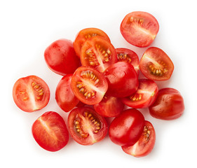 Cherry tomatoes sliced top view isolated on white background