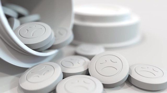 Close-up shot of pills with stamped sad smiley on them. 3D animation
