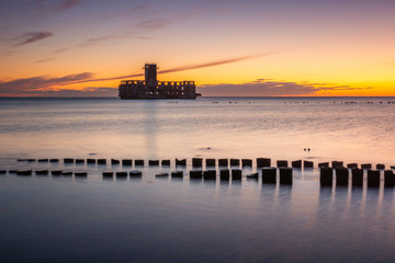 Ruins old military building on Baltic Sea in Babie Doly, Gdynia, Poland