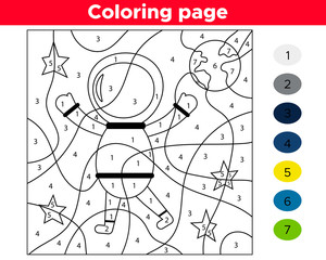 Number coloring page. Cartoon astronaut. Space theme. Vector stars and planet Earth.