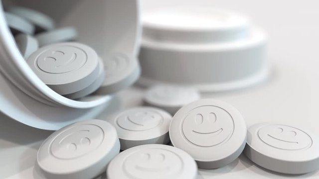 Close-up shot of pills with stamped smiley on them. 3D animation