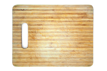 Old cutting domestic board isolated on white background. Used and aged cutting board close up. Object. Image