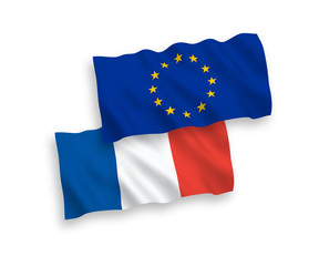 National vector fabric wave flags of France and European Union isolated on white background. 1 to 2 proportion.