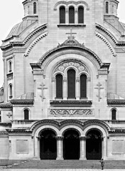 Main entrance with rich ornaments of St. Alexander Nevsky orthodox Cathedral in the center of Sofia, capital of Bulgaria with steps and arches