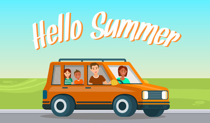 Hello Summer Horizontal Banner Happy Family Travel
