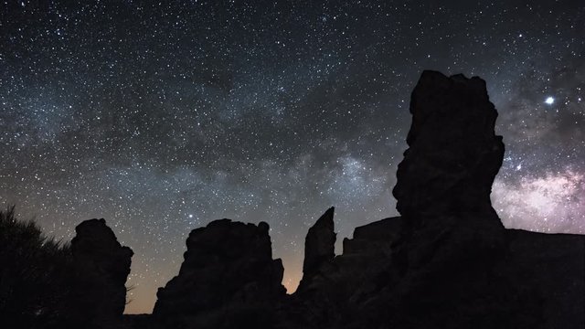 Time lapse of Milky Way rising over Los Roques de Garcia, Teide National Park, Tenerife, Canary islands, Spain.